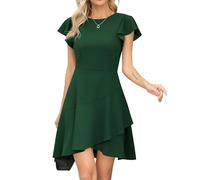 Missufe Vestido de cóctel de mujer con mangas anchas y volantes, escote redondo, vestido de fiesta, de línea A, vestido de noche, vestido skater corto, verde oscuro, S