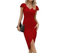 Missufe - Vestido de cóctel para mujer, vestido cruzado, vestido de fiesta, vestido midi, vestido de verano, elegante, estilo bodycon, vintage, vestido con volantes, rojo, XS