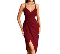 Missufe Vestido de cóctel para mujer, vestido de fiesta, vestido de verano, vestido midi festivo, elegante, bodycon para boda, sin mangas, tirantes finos, vestido de noche, rojo, S