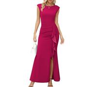 Missufe - Vestido de fiesta maxi para mujer, de noche, con mangas abullonadas y abertura, corte de sirena, ceñido, para bodas, cócteles, bailes, rojo, rosa, XS