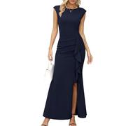 Missufe - Vestido de fiesta maxi para mujer, de noche, con mangas abullonadas y abertura, corte de sirena, ceñido, para bodas, cócteles, bailes, azul marino, XS