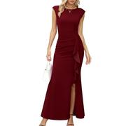 Missufe - Vestido de fiesta maxi para mujer, de noche, con mangas de ala y abertura, corte de sirena, bodycon, para bodas, cócteles, bailes, borgoña, XS