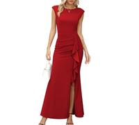Missufe - Vestido de fiesta maxi para mujer, de noche, con mangas de ala y abertura, corte de sirena, bodycon, para bodas, cócteles, bailes, rojo, S