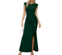 Missufe - Vestido de fiesta maxi para mujer, de noche, con mangas de ala y abertura, corte de sirena, bodycon, para bodas, cócteles, bailes, verde oscuro, L