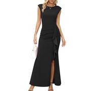 Missufe - Vestido de fiesta maxi para mujer, de noche, con mangas de ala y abertura, corte de sirena, bodycon, para bodas, cócteles, bailes, Negro , XS