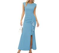 Missufe Vestido largo de fiesta para mujer, vestido de noche con corte sirena entallado, con volantes, abertura, mangas tipo ala, ideal para bodas y eventos formales, azul claro, S