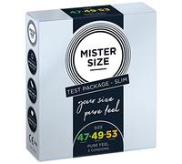 MISTER SIZE Condones muy delicados al tacto (47-49-53 mm) Juego de prueba - 3 unidad/extra fino, extra húmedo/hecho de látex de caucho 100% natural de su talla XS - M