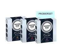 MISTER SIZE Condones muy delicados al tacto (57-60-64) 3x3 Juego de prueba/extra fino, extra húmedo/hecho de látex de caucho 100% natural de su talla L - 2XL