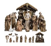 Misterio Nacimiento de 11 Piezas Clasico 38 cm Alto y Portal con Reyes, Angel, Pastor y Animales de Resina Pintado a Mano 38 cm Alto