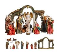 Misterio Nacimiento de 11 Piezas Clasico y Portal con Reyes, Angel, Pastor y Animales de Resina Pintado a Mano 30 cm Alto