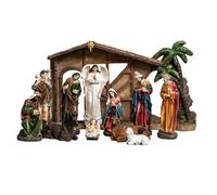 Misterio Nacimiento de 11 Piezas Clasico y Portal con Reyes, Angel, Pastor y Animales de Resina Pintado a Mano 24 cm Alto