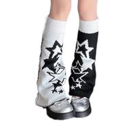 MISUVRSE Calentadores de piernas largas reversibles de punto con diseño de estrellas de gatos para mujer, calcetines sin pies, calcetines reversibles para las piernas, Estrellas sobre fondo negro