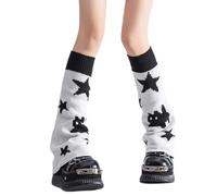 MISUVRSE Calentadores de piernas largas reversibles de punto con diseño de estrellas de gatos para mujer, calcetines sin pies, calcetines reversibles para las piernas, estrellas sobre fondo blanco