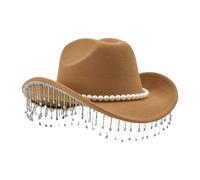 Mit Strasssteinen Verzierter Damen Cowboy Hut - Extravaganter Hut Mit Breiter Krempe Als Kopfschmuck, Funken Western Cowboyhut mit Perlen - Für Feiertagsfeier Cosplay Fotoshooting Party Karneval