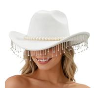 Mit Strasssteinen Verzierter Damen Cowboy Hut - Extravaganter Hut Mit Breiter Krempe Als Kopfschmuck, Funken Western Cowboyhut mit Perlen - Für Feiertagsfeier Cosplay Fotoshooting Party Karneval