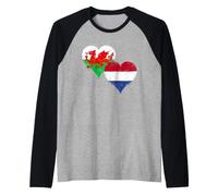 Mitad Galés Mitad Holandesa una Bandera Países Bajos Gales Camiseta Manga Raglan