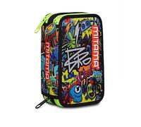 Mitama Estuche Escolar 3 Compartimientos - SUPER TRIPLO COOL BRO MITAMA, Negro - con Material Incluido: Lápices, Bolígrafos y Marcadores - Gran Capacidad para Niños y Adolescentes