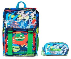 Mitama Mochila escolar extensible con bolsillo frontal, azul y verde para niño + portalápices para niño