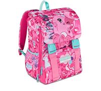 Mitama Mochila extensible con 4 cremalleras, Cutiecat, rosa, gran capacidad, bolsillo porta botella, doble compartimento, respaldo preformado, niña, escuela primaria