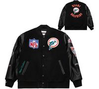 Mitchell & Ness NFL Blackout Chaqueta universitaria retro | Miami Dolphins | Talla XL, negra, parches y bordados AUZAVE210MSFen el pecho y las mangas, puños acanalados
