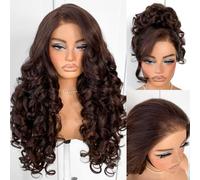 MITIMES Peluca de encaje sin pegamento, color marrón, 13 x 6 pulgadas, peluca ondulada Yaki Crazy Body Wave precortada, peluca sintética estilo balayage con línea capilar natural