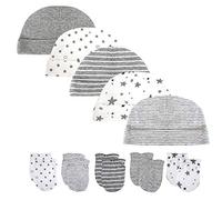Mitones de algodón para recién nacido, 5 unidades, gorros de algodón para bebé y 5 pares de guantes antiarañazos para bebés de 0 a 6 meses con negro, gris, rosa o azul Gris gris Talla única
