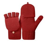 Mitones de lana para hombre y mujer, guantes cálidos con solapa, material de punto suave, protección contra el frío para actividades al aire libre en invierno, O rojo., Talla única