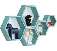 MITREL Juego De 5 Estantes Flotantes Hexagonales, Estante Hexagonal De Madera Maciza Montado En La Pared, Estante Colgante Decorativo De Madera Maciza para Dormitorio(Azul)