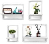 MITREL Set de 4 Estantes Flotantes de Madera, Estante Colgante para Almacenamiento en la Pared, Librería Cuadrada, Estantes Expositores para Dormitorio, Salón, Blanco Rústico