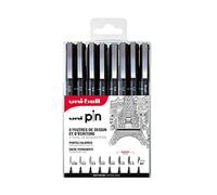 Mitsubishi Pencil - 8 rotuladores de escritura y dibujo Uni-Pin - Estuche de punta calibrada ultrafina a ancha y pincel - para escribir, dibujar, dibujar, tintar - Tinta negra