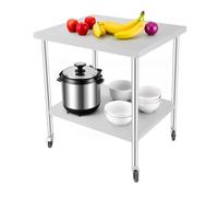 MIUKYUI Mesa de trabajo de acero inoxidable de alto rendimiento, mesa de cocina comercial con 4 ruedas, capacidad de carga de 300 kg, altura ajustable y protección contra salpicaduras para