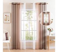 MIULEE Cortina Gradiente Horizontal Poliéster Translúcida Visillo Moderno Degradado con Ojales para Ventanas Habitación Dormitorio Cocina Sala de Estar 2 Piezas 140x215cm Blanco y Café Claro