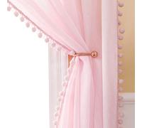 MIULEE Cortinas Rosa Infantiles Niña Dormitorio, Bonitas Visillos con Pompones 2 Piezas, 2X140 x 245cm, Cortinas Translucidas Habitacion Bebe, Cortinas Visillos Rosa para Juvenil Niña Dormitorio