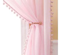 MIULEE Cortinas Rosa Infantiles Niña Dormitorio, Bonitas Visillos con Pompones 2 Piezas, 2X140 x 260cm, Cortinas Translucidas Habitacion Bebe, Cortinas Visillos Rosa para Juvenil Niña Dormitorio