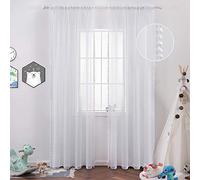 MIULEE Cortinas Salon Blanco con Pompones, Bonitas Cortinas Infantiles Niña Habitacion 2 Piezas, 2X140 x 160cm, Cortinas Transparentes Bebe Dormitorio con Borlas, Translucidas Cortinas Visillos