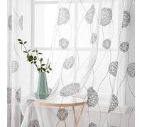 MIULEE Cortinas Salon Modernas con Bordado con Hortensias, Cortinas Dormitorio Translucidas 2 Piezas con Ojales, Decorativas Visillos para Ventanas Habitacion (2X A 140 x L 160 cm, Flores Gris)