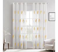 MIULEE Cortinas Salon Modernas con Bordado de Hojas 2 Piezas, Lindas Cortinas Visillos Dormitorio Matrimonio con Ojales, Cortinas Translucidas Salón con Amarillo y Blanco Hojas Motivos 140x245 CM