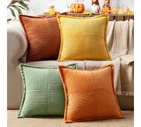 MIULEE Funda de Cojines para Sofá 50x50 cm Funda de Almohada de Corduroy Súper Suave Cojin de Pana a Rayas Decoración Moderna para Sofá Silla Cama Sala de Estar Dormitorio 4 Piezas Serie Verde Naranja
