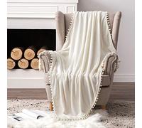 MIULEE Manta de Terciopelo con Pompones Mantilla de Franela para Sófa Súper Suave Mantas Ligera y Cálida Felpa para Niño Mascota Cama Habitacion Dormitorio 1 Pieza 220x240cm Blanco Crema