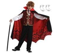Miulruma Disfraz de vampiro para niños y jóvenes, disfraz de Halloween, juego de lujo con capa negra, mordida de vampiro, tatuaje, carnaval, fiesta temática, Drácula, Cosplay, fiesta A022A
