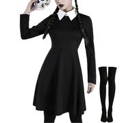 Miulruma Wednesday A006L - Disfraz gótico negro para mujer, disfraz de miércoles, disfraz de carnaval, disfraz de Addams con medias para carnaval, Halloween