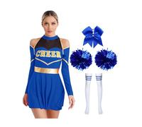 Miutii 4 unidades para mujer, disfraz de animadora, vestido de manga larga, vestido de baile con pompones, calcetines, cinta para el pelo, Halloween, carnaval, disfraz A, azul real, XXL