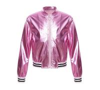 Miutii Chaqueta Metálica para Niñas Chaqueta Bomber Brillante Sudadera Holográfica Top con Purpurina Jazz Hip Hop Carnaval Disco Disfraz de Baile, a rosa, 146-152