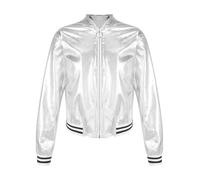Miutii Chaqueta metálica para niños, chaqueta bomber brillante, sudadera holográfica, parte superior brillante, jazz, hip hop, carnaval, discoteca, disfraz de danza, plata, 146-152