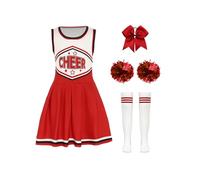 Miutii Disfraz de animadora para niña, sin mangas, con pompones, calcetines, diadema, uniforme, Halloween, carnaval, vestido de baile, rojo, 134-140, 4 unidades