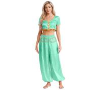 Miutii Disfraz de danza del vientre para mujer, camiseta de danza del vientre, parte superior + pantalones harén, traje de danza oriental india, turquesa, M