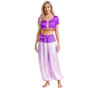 Miutii Disfraz de danza del vientre para mujer, parte superior de danza del vientre, parte superior + pantalones harén, traje de danza oriental india, color lila, L