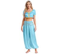 Miutii Disfraz de danza del vientre para mujer, parte superior de danza del vientre, parte superior + pantalones harén, traje de danza oriental, indio, azul claro, XL