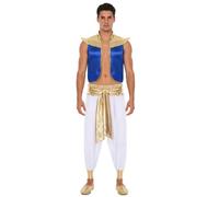 Miutii Disfraz de príncipe árabe para hombre, ladrón, lámpara milagrosa, chaleco medieval, chaqueta de satén + pantalones harén, carnaval, ropa árabe, azul real, blanco, 3XL