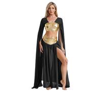 Miutii Disfraz de reina egipcia para mujer, vestido egipcio, manga larga, top metálico + falda larga con hendidura, Halloween, carnaval, vestido de baile, negro, XXL